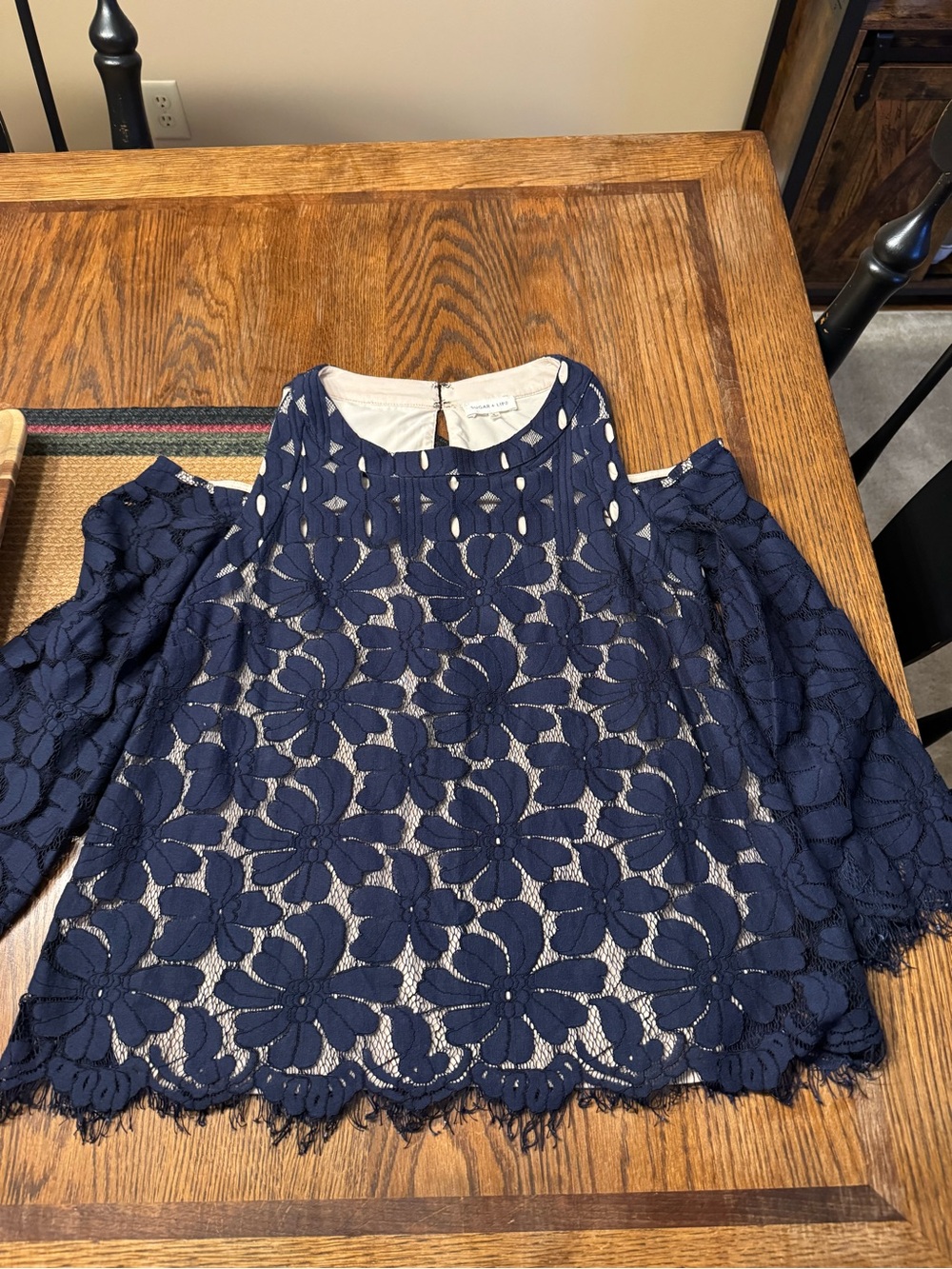 Sugarlips Navy Floral Lace Cold-Shoulder Top
